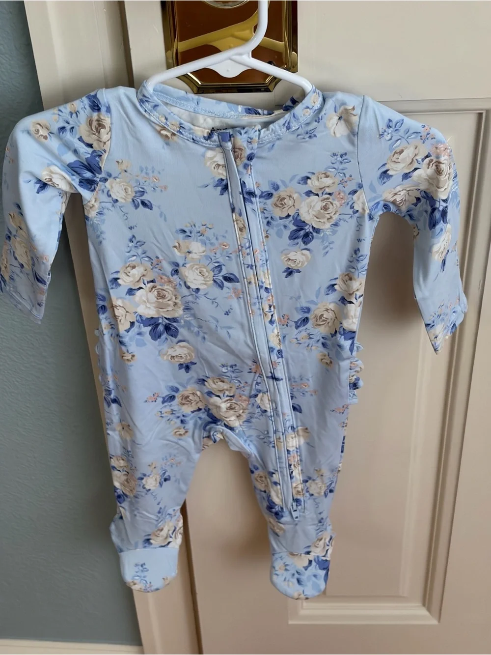 NWT Angel Dear Bamboo Light Blue Rose Floral Ruffle Back Footed One-Piece Pajama
